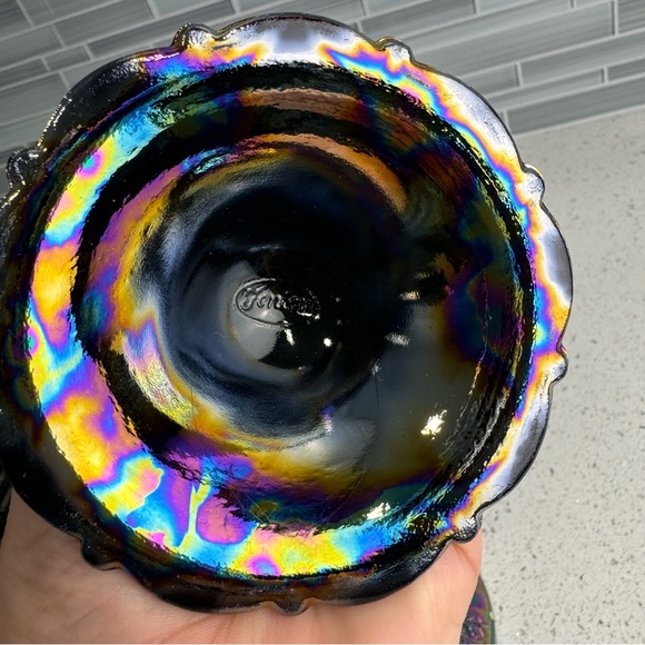 RARE Fenton Black Amethyst 1970s Carnival Glass Daisy Covered Compote Candy Dish - Picture 8 of 12